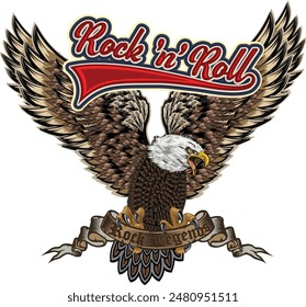 Rock 'n' roll - banner, logo, emblem, label or design element. Creative lettering with eagle 
