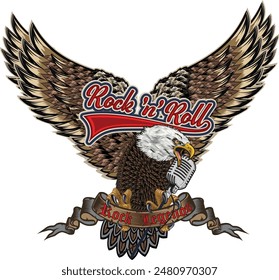 Rock 'n' roll - banner, logo, emblem, label or design element. Creative lettering with eagle 