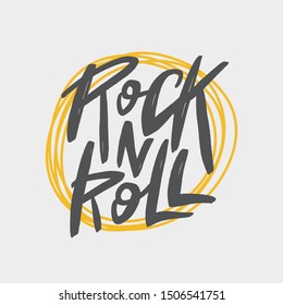 Rock n Roll brush lettering inscription. Handwritten typography print for card, banner, t-shirt, poster. Isolated hand drawn typographic design element.