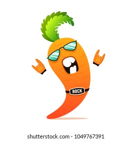 Rock n roll carrot funny cartoon character. Organic vegetable illustration for cooking, articles, recipe. Vector vegetarian t-shirt print cute concept.