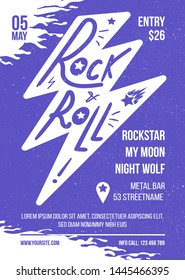 Rock n roll concert hand drawn flyer template. Rock music performance advertisement concept