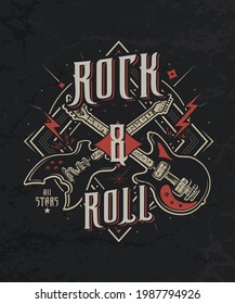 Rock n roll.  Craft retro vintage print design.  Graphic vector illustration. Old badge, label, logo template.
