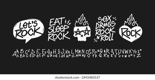 Rock n Roll doodle tipografía retro con conjunto de letras escritas a mano. Rock Music cita a dsgn con el tipo de letra doodle. Inscripciones del Partido Rock. Señales de música de Rock punk para estampados y diseño de póster (set 1)