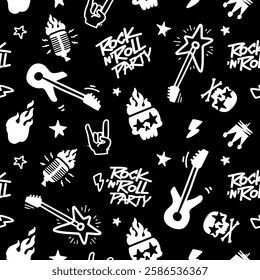 Rock n Roll doodle padrão sem emenda para o design de tecido de impressão. Plano de fundo vetorial desenhado à mão dos elementos da Barra de Rochas