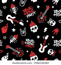 Rock n Roll doodle padrão sem costura para tecido de impressão e design têxtil. Rock Elementos da festa mão desenhado vetor fundo