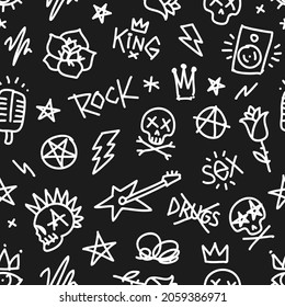 Rock n Roll doodle style seamless pattern with punk and tattoo elements. Endless fashion background isolated from black. Rock n Roll music pattern for Tee print design, print fabric texture