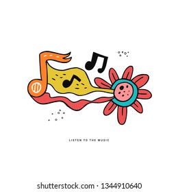 Rock n roll doodle vector color illustration. Hippie music hand drawn clipart. Musical notes, flowers cartoon composition. Disco party. Musical festival, concert, event poster, t-shirt design element