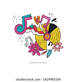 Rock n roll doodle vector illustration. Hippie music clipart. Vinyl record, notes, flowers hand drawn composition. Disco party drawing. Musical festival, concert, event poster, t-shirt design element