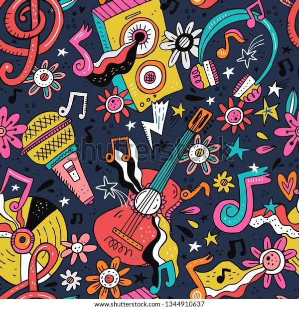 Rock n roll doodle vector seamless pattern. Hippie\
music cartoon illustrations. Disco party. Retro, vintage backdrop.\
Musical pop concert, festival, live event background, wallpaper\
color design