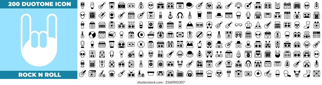 Rock N Roll Duotone Editable Icons set. Vector illustration in modern thin duotone style of Rock n roll icons: skull, heart, skate, gesture hand, etc