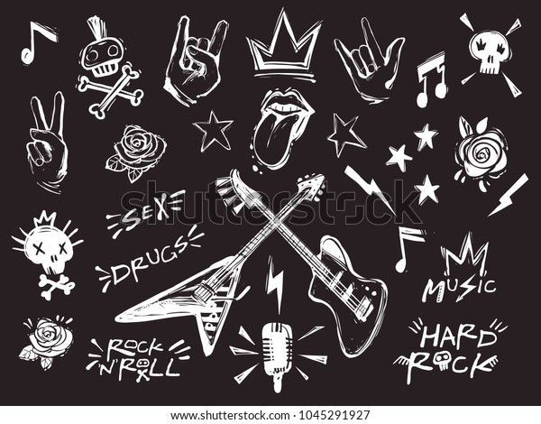 ロックンロールエレメントコレクション ベクターハードロックの落書き風イラスト 標識 物 記号 音楽バンド コンサート パーティー用の漫画のロックスターのアイコン 黒い背景に分離型 のベクター画像素材 ロイヤリティフリー