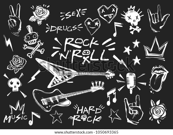 Rock n roll\
elements collection. Vector hard rock doodle illustrations, signs,\
objects, symbols. Cartoon rock star icon for music band, concert,\
party. Isolated on Black\
background
