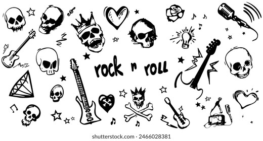 rock n roll elements scribble doodle. set of skull guitar and many more. isolated on white background.