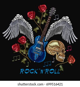 Rock n Roll embroidery, rock music print. Skull, guitar, wings, roses, classical embroidery, music art template for clothes, textiles, t-shirt design