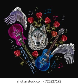 Rock n Roll embroidery, rock music print. Wolf, guitar, wings, roses, classical embroidery, music art template for clothes, textiles, t-shirt design