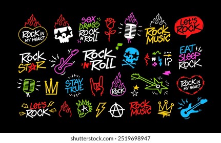 Rock n Roll fashion pattern elements for print design. Rock Music Doodle Elements Collection. Rock Party icons set of rockers guitar, skull, fire or flame, microphone, etc. Punk Rock icons collection