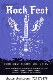 Rock 'n roll fest announcement with electrical guitar surrounded by two wings. Vector illustration of banner with room for information about festival