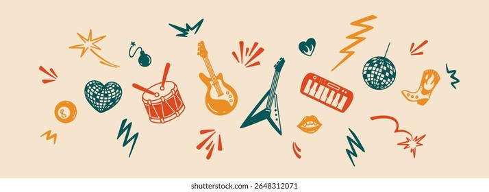 Rock n roll fest fundo vintage colorido. Conceito de festa de disco retrô. Instrumentos de música rabiscar adesivos e ícones conjunto. Design gráfico para banda pop punk. Chama, fogo, relâmpago, forma de estrela