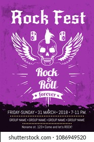 Rock 'n roll fest forever advertising banner with winged skull with puck haircut. Vector illustration of poster with room for information about event