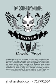 Rock 'n roll fest forever poster with skull surrounded by wings and sign of horns and two headstocks. Background of vector illustration is gray