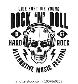 Rock n roll festival print or emblem with devil skull in headphones and horns vector illustration isolated on white background