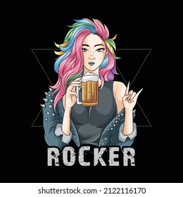 Rock N Roll Girl With Colorful Hair Brings A Glass Of Beer