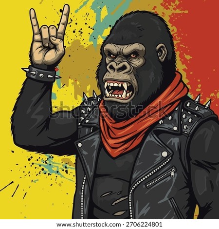 Rock 'n' Roll Gorilla Biker Vector. Angry Ape in Leather Jacket Making Rock Sign. Pop Art Street Style Illustration for Music and Merchandise.