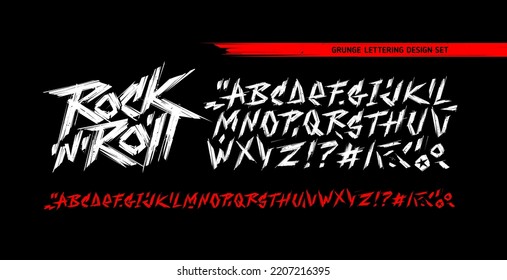 Rock n roll grunge style type font - editable vector template. Set of Rock'n'roll and Punk music vintage style font alphabet for print stump tee and poster design. Rock music hand drawn lettering set