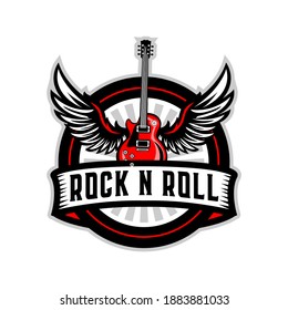 Rock n roll guitar badge logo template