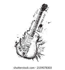 rock n roll guitar  Cool grunge hand drawn electric guitar and distorted text in it  Rock Forever  EPS10 vector image  Rock   Roll sign  Slogan graphic for t shirt