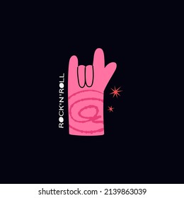 Rock n roll hand. Cartoon pink arm with gestures sign, girls rock music symbol, poster or print, vector doodle isolated on black colorful hand drawn illustration