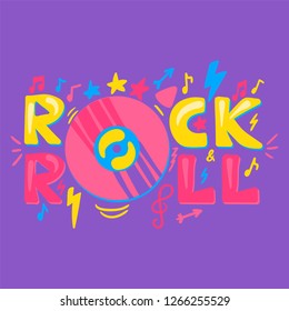 Rock N Roll hand drawn vector lettering. Disco, retro music concert poster, banner, invitation design