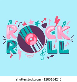 Rock N Roll hand drawn color lettering. Disco, retro music concert. Poster, banner vector idea