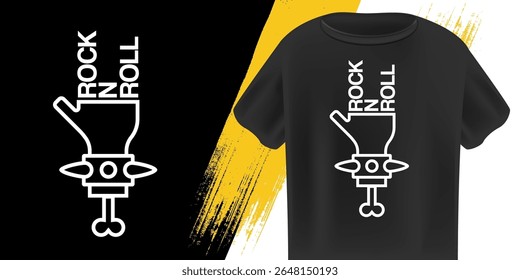 Rock n Roll Mão Gesture Ícone Vetor, Branco Contorno Símbolo com Detalhes do Crânio, Música Estilo de Vida Gráfico, Concerto Merch Design, Atitude Rebelde, Fundo Preto, Edgy Fashion Vestuário Arte