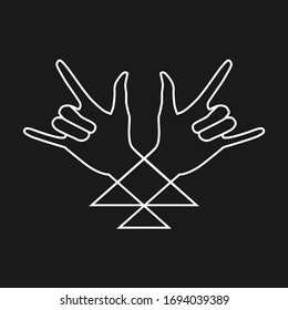 Rock n roll hand triangle sign  line Vector logo, label, tattoo illustration.