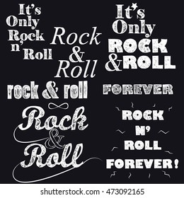 Rock n roll handwritten lettering set, chalk isolated on black