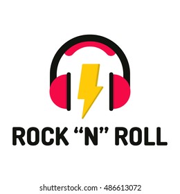 Rock "n" roll, headphones, lightning. Flat vector icon, logo, logotype, symbol, mark design illustration on white background. Can be used for music, theme, project.