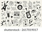 Rock n roll icon. Punk music doodle stickers with guitar phrase star heart, rock and roll band badges, hand drawn rock music signs for logo and tattoo design. Vector set.