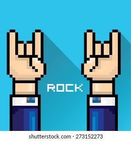 . rock n roll icon . vector flat pixel art hand sign rock n roll music .