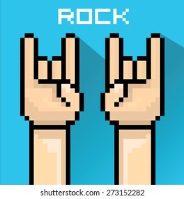 . rock n roll icon . vector flat pixel art hand sign rock n roll music .
