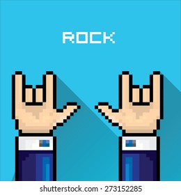 . rock n roll icon . vector flat pixel art hand sign rock n roll music .