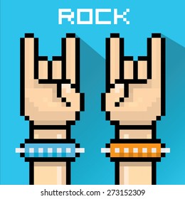 . rock n roll icon . vector flat pixel art hand sign rock n roll music .