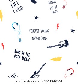 Rock n roll with icons and slogan seamless vector.