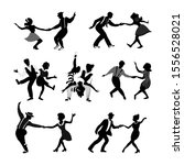 Rock n roll and jazz dancing couples set. Swing dancing silhouettes. people in 1940s and 1950s style. Retro black and white vector illustration.