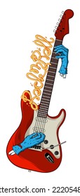 Rock n roll lettering. Guitar and Zombie hand. T-shirt design. Vector illustration