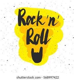 Rock 'n' Roll lettering. Hand drawn vector illustration, greeting card, design, logo.