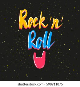 Rock 'n' Roll lettering. Hand drawn vector illustration, greeting card, design, logo.