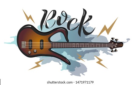 Rock n Roll Lettering text and Bass Guitar with lightning. Rock Illustration with texture. 