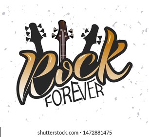 Rock n Roll Lettering text and Bass Guitar with lightning. Rock Illustration with texture. 