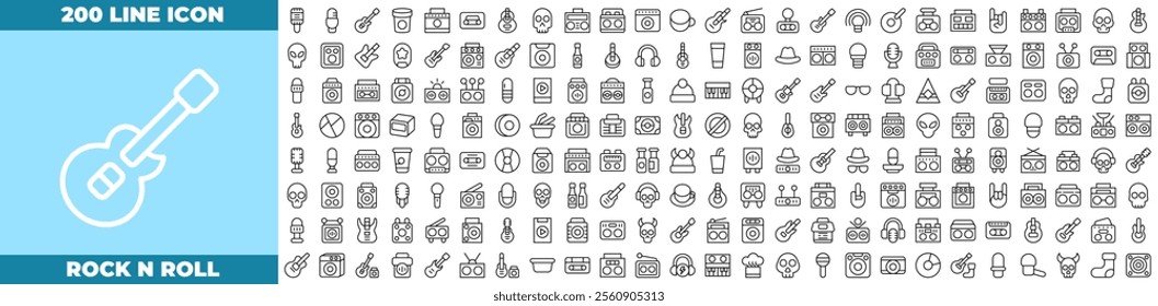 Rock N Roll Line Editable Icons set. Vector illustration in modern thin line style of Rock n roll icons: skull, heart, skate, gesture hand, etc